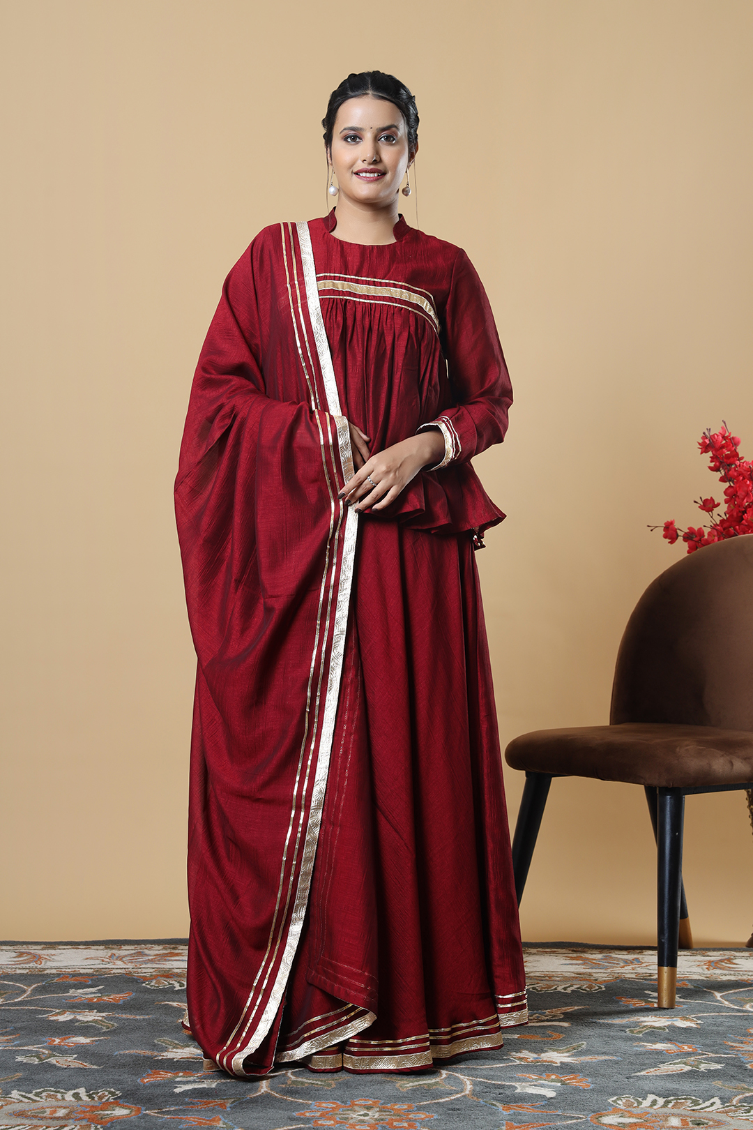 Vglame Maroon V Silk Kurta Set with gota work